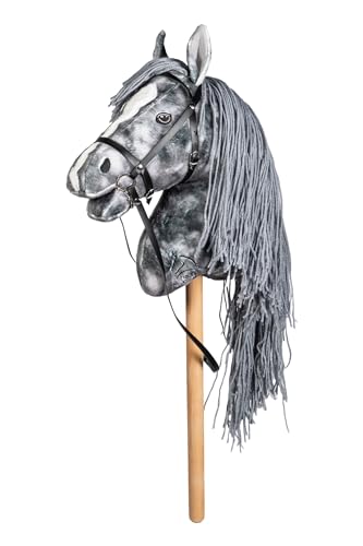 HKM Hobby Horse Beni Steckenpferd Silbergrau abnehmbare Trense & Lange Mähne 40 cm Holzstiel für Hobby Horsing Dressur & Parcours