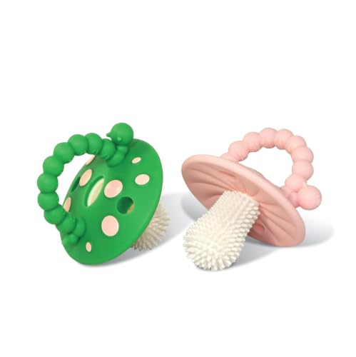 Image of RaZbaby Soft Silicone Infant & Baby 3M+ Teether Toy Massaging Bristles Teething Relief Pacifier - Soothes Sore Gums - Hands-Free & Easy-to-Hold Chompy Teether, BPA Free (Green /Pink)