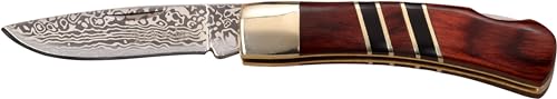 Elk Ridge - Manual Folding Knife - 5.25-in Overall, 2.25-in Blade with Etched Damascus Pattern, Brown Wood Handle - EDC, Camping, Hunting