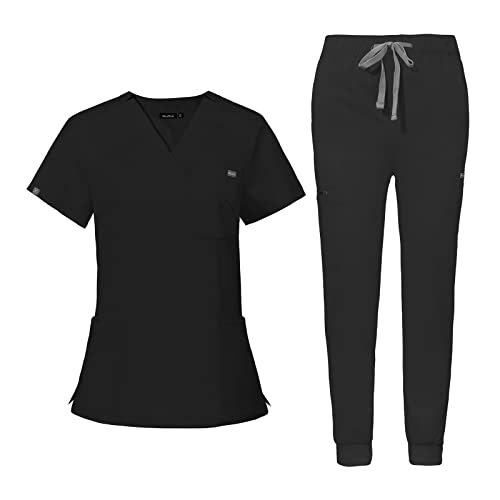 niaahinnniaahinn Scrub for Women Scrubs Top with Classic V-Neck & Yoga Jogger Pants Medical Nursing Uniform Scrub Set (Black, L)