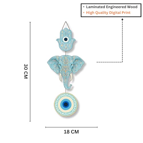 Image of GiftOday Elephant Wooden Wall Hanging for Home Kitchen Decor | Hamsa Hand Decoration for Livingroom | Modern Artworks Items | Peace Charm Door Accent Decorative Hangings Size-18 x 30 CM