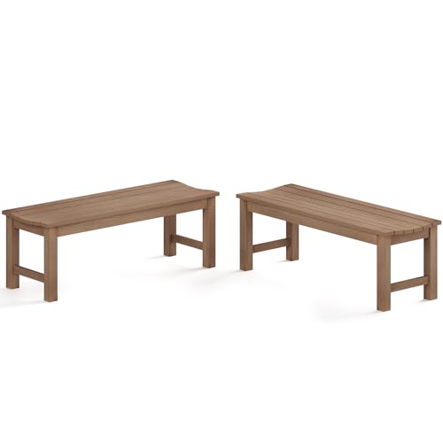 Image of Outdoor Bench Set of 2, 2-Person Patio Backless Benches, HIPS Weatherproof Garden Bench that Never Rot and Fade, Suit for Backyard, Church, Patio, Deck and Entryway (Teak)