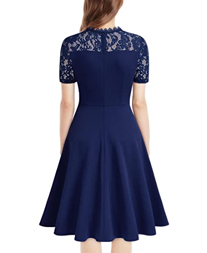 Missmay Women's Retro Floral Lace Short Sleeve Cocktail Party Swing A-Line Dress (Small, Navy Blue) #TOP1