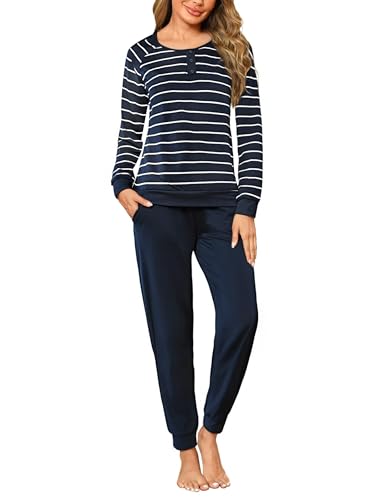 Nieery Pijamas Mujer Invierno Algodón Largo Conjunto Manga Larga Tops con puños Pantalones con puños y Bolsillo B-Azul Marino L