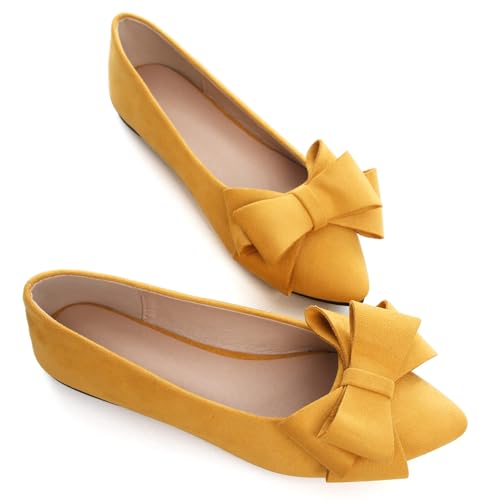 Image of SAILING LU Womens Bowknot Ballet Flats Pointy Toe Suede | Casual Flat Shoes, Dressy Wear to Work, Moccasins, Slip-Ons
