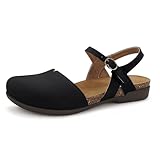 PARTY Closed Toe Sandals Women, Barefoot Arch Support Flat Sandals for Office Work and Travel with Comfortable Cork Footbed,BLACK,8
