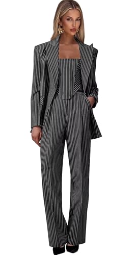 Pinstripe Pant Suits for Women Plus Size 3 Piece Womens Suit Grey Peak Lapel Womens Suits Business Work Blazer Vest Pants Size 6X-Large