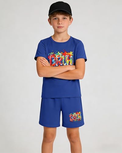 Image of Cakaner Tween Boys Summer Clothes 2 Piece Short Sleeve Graphic T-Shirt and Shorts Casual Outfit Set Size 7-14