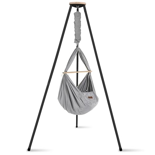 SCHMUSEWOLKE Organic Grey Feather Cradle with Teepee Anthracite Hammock for Babies and Toddlers from Birth to 3 Years Organic Cotton with Sheep's Wool Mattress