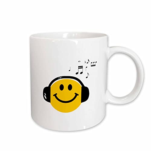 3dRose Music loving yellow smiling face with black headphones and musical notes - happy dj - deejay 11oz Mug