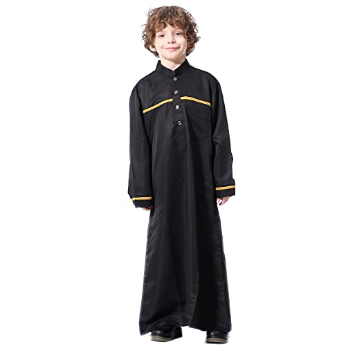 OBEEII Boy's Muslim Arab Thobe Solid Color Long Sleeve Dubai Middle East Islamic Arabic Abaya Thobe