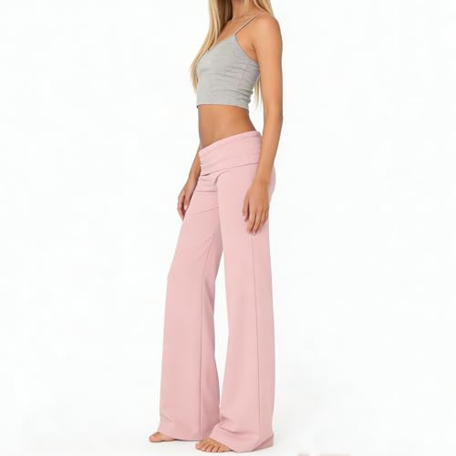Image of Lounge Yoga Pants for Women Fold Over Low Waist Wide Leg Bell Bottoms | Y2K Foldover Pants, Flare Leggings, Low Rise Yoga Sweatpants