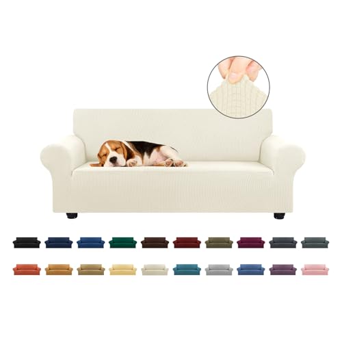 KEKUOU Stretch Loveseat Sofa Cover Slipcover,Couch Covers for 2 Cushion Couch Sofa (55"-78") Furniture Protector Sofa with Elastic Bottom for Kids,Dog. Jacquard Small Checked(Medium,Beige)