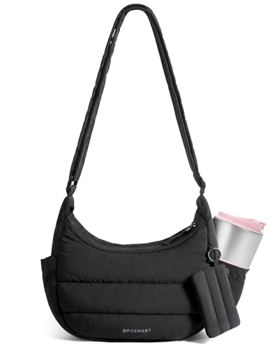 BAGSMART Crossbody Purses for Women with Adjustable Strap Small Puffer Hobo Bags Compact Cross Body Bag Fluffy Shoulder Handbags Puffy Pouch Black