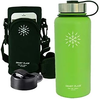 32 Oz. Vacuum Insulated Stainless Steel Water Bottle, 32 Oz., Includes Leakproof Metal Lid, Flip Top Lid and Black pocketed pouch with adjustable padded strap. (Tahitian Lime)