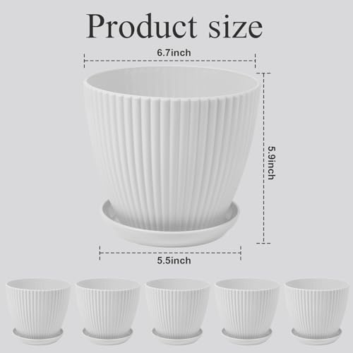 MUXINCAMP 7 Inch Large Plant Pots, 6 Pack Flower Pots with Drainage Hole and Tray Saucer Plastic Plant Pot for Outdoor Indoor House Plants and Flowers Herbs (White) by MUXINCAMP - Image 2