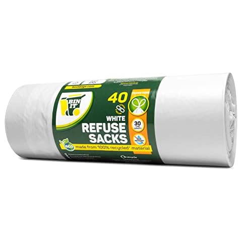 BIN IT 40 White Drawstring 30L Strong & Secure, Refuse Sacks, Bin Bags, Bin Liners, Recycled, Tear Resistant, 30 μm, Perfect for Everyday Use, Household, Office, Kitchen & Caterers Cover