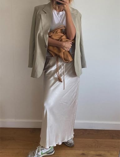 Womens Silk Satin Maxi Skirts Drawstring Flared Casual Elegant Work Skirts A-Line Long Skirt for Women3