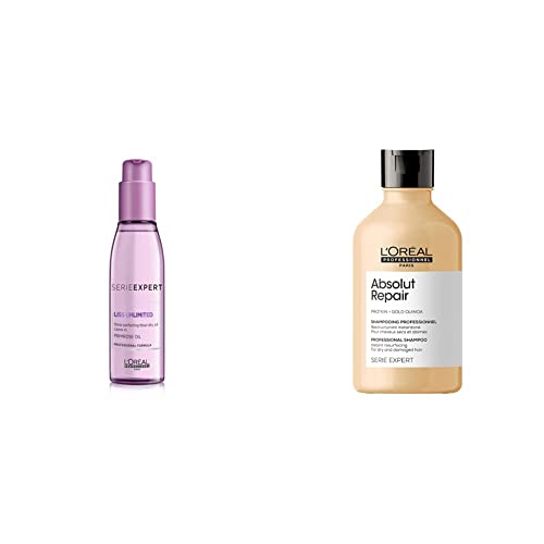 L’OREAL PROFESSIONNEL PARIS Serie Expert Liss Unlimited Blow Dry Serum 125 Ml&Serie Expert Absolut Repair Shampoo For Dry&Damaged Hair Deep Conditioning,Strength With Gold Quinoa,Wheat Protein