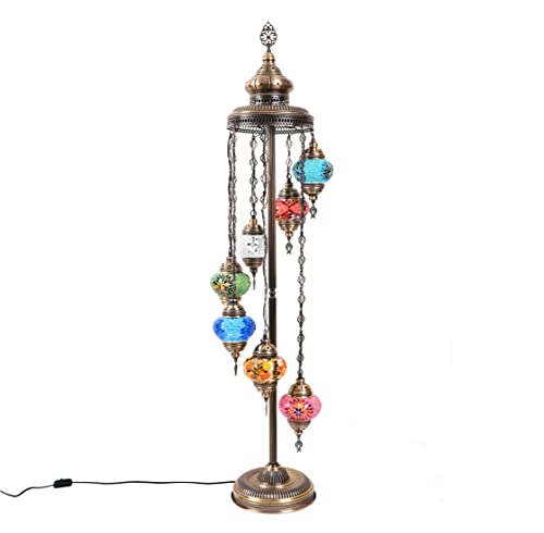 Asylove Turkish Floor Lamp, Mosaic Moroccan Lamp 7 Globe Livingroom Floor Lighting Standing Decorative Home Mid Century Modern Designs Handmade Glass 5 inch Globe - Total Height 60 inch (colormix)