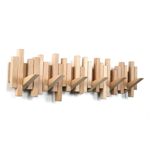 Acsigesn Wooden Coat Rack Wall Mounted Sticks Multi Rack Solid Handmade Natural Beech Wood Artwork With 6 Flip-Down Unique Modern Hooks For Coats Bag Hat Umbrella cover