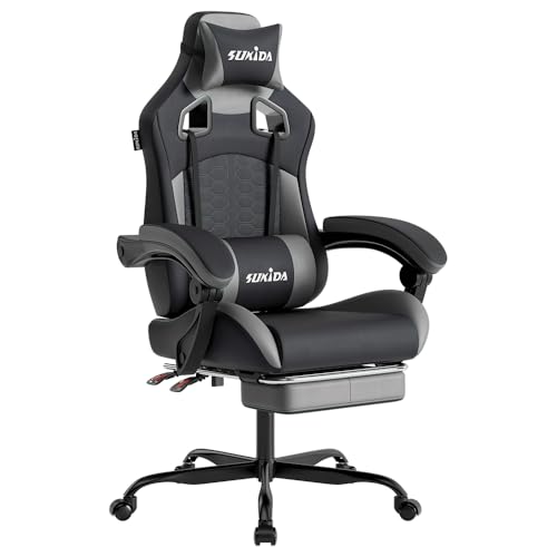 SUKIDA Gaming Stuhl, Ergonomischer Gaming-Stuhl mit Fußstütze, Racing Gaming Chair Kopfstütze Verstellbarer Computerstuhl Höhenverstellbar Lendenwirbelstütze für Homeoffice und Gaming Gray