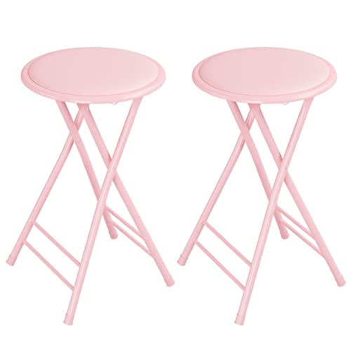 Image of Lavish Home Folding Stool with Padded Backless Seat Set of 2, Pink, 24 inch | Counter Height Bar Stools with 225lb Capacity, Portable Indoor & Outdoor, Extra Seat for Kitchen, Rec Room or Camping