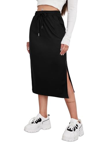 Avanova Women Slit Midi Skirt High Waisted Split Summer Casual Drawstring Pockets Sweat Skirt3