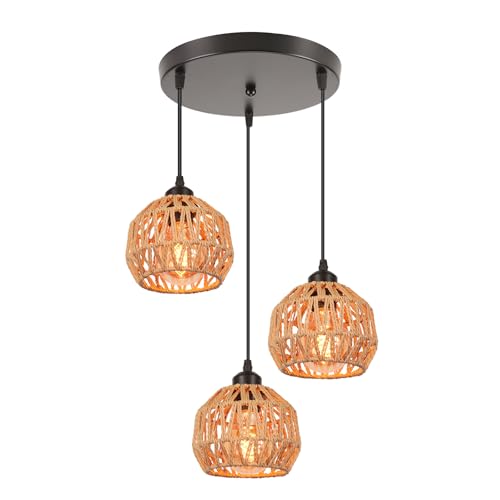 LIGKIN 3 Lampes Suspension Industriel Lustre Vintage Abat-jour en Métal et Rotin Luminaire Plafonnier Rétro E27 Lampe Suspendue pour Restaurant Salon Chambre