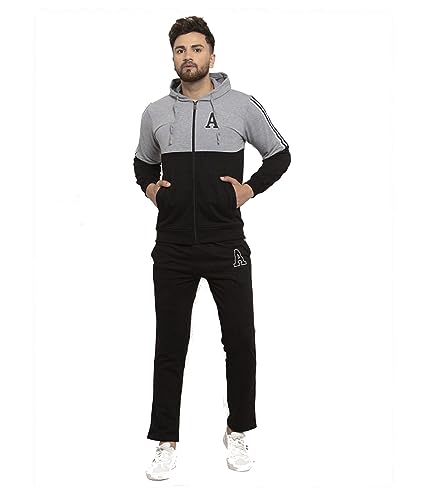 Image of WILD WEST Mens Winter Tracksuit Warm Cotton Fleece Navy Grey & Black Colour Zipper Set (CC)