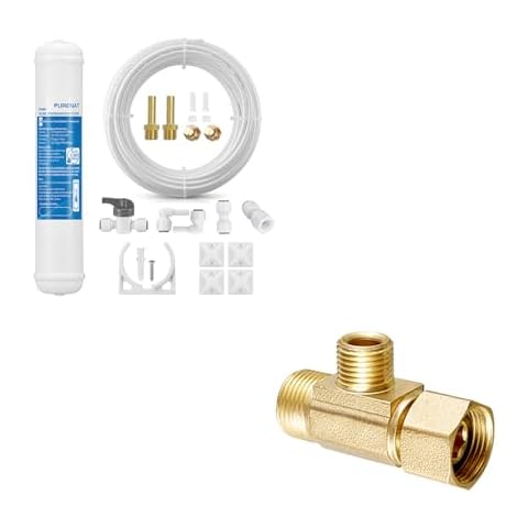 Add-A-Tee Adapter（3/8" Compression Inlet x 3/8" Outlet x 1/4" Outlet）+ Inline Water Filter for Refrigerator and Ice Maker,1/4" Push Connect Post Carbon Filter Cover