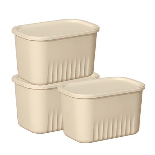Image of HoopVool Multi Purpose Plastic Storage Bins Stackable Organizer Boxes with Lids, Stackable Crates for Home & Kitchen, items like books, clothes, snacks, toys. (Pack of 3, Medium - 24 X 16 X 14.5 CM)