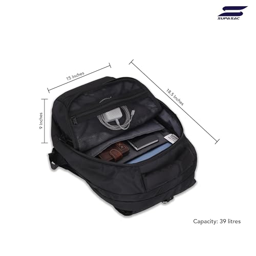 Image of Supasac EMPEROR Professional 39L Backpack for Office and Daily Carry Black | Water Resistant, Premium Polyester Laptop Backpack for Men and Women