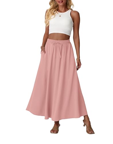 Lepunuo Casual Maxi Skirt Boho High Waisted Flowy Trendy Cute Ladies Skirts with Pockets A - Pink