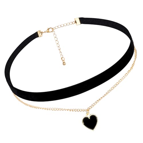 Yolev Schwarze Samt Choker Halskette Elegantes Herz Anhänger Halsband Verstellbare Geschichtete Halskette Punk Gothic Schmuck für Damen und Mädchen
