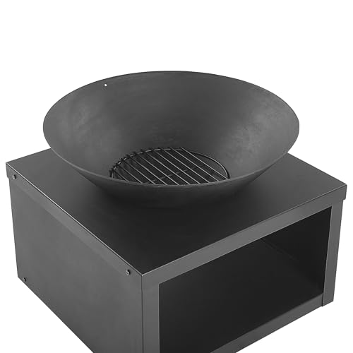 Feuerstelle Stahl schwarz rund mit Holzrost Schürhaken u. Holzablage Tanara