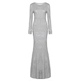Foweknow Vestido de noche largo con lentejuelas para mujer, manga larga, curva, longitud hasta el suelo, vestido de cóctel, elegante, festivo con purpurina, cuello en V, vestido de fiesta, vestido de