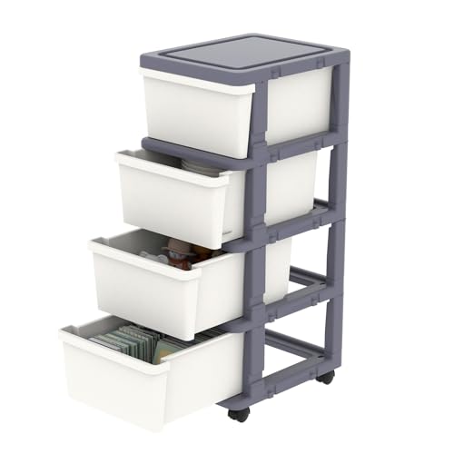 Cetomo Cajón de Plástico, Cajones de Almacenamiento con Ruedas de Bloqueo, Organizador para Oficina, Armario, Dormitorio y Cuarto de Estudiantes, Desmontable, Torre, Gris y Blanco (4 Cajones)