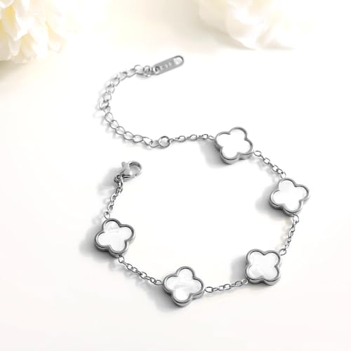 18K Gold bracelets for women Clover Bracelet Set 2Pcs White Flower Bangle Bracelet Lucky Four Leaf Stackable Bracelets Jewelry Gifts Trendy for Women non Tarnish3