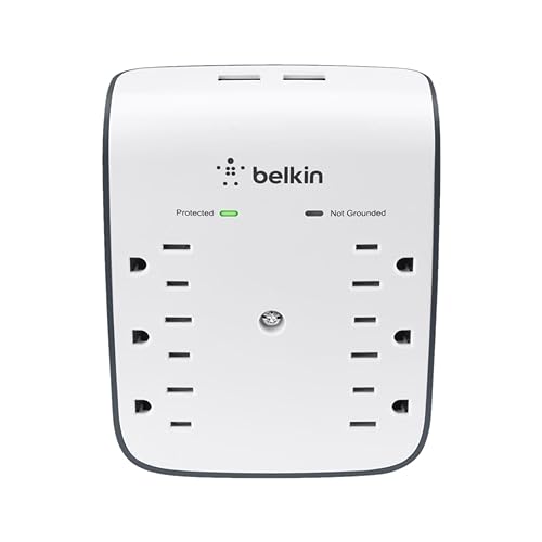 Belkin 6-Outlet Wall Surge Protector w/ 2 USB-A Port for Home, Office, Travel, Computer Desktop, Laptop, Phone Charger, & More - 900 Joules of Protection