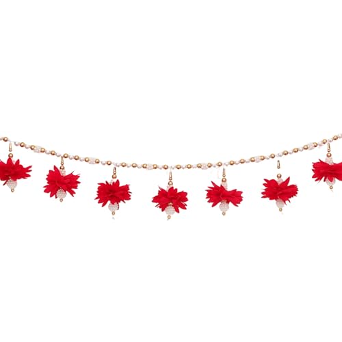 Image of Akaar Decor Floral Pearl Bead Toran with Red Flower Latkans | Decorative Door Hanging for Home Entrance, Mandir & Pooja Room | Diwali Decoration, Wedding & Festive Decor