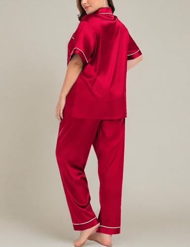 Image of SWOMOG Women's Plus Size Pajamas Silk Satin Pajama Set Short Sleeve Shirt with Full-Length Pants Pjs Sleepwear Set 18W-26W
