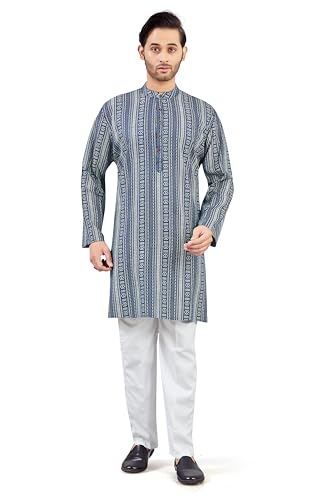 Image of Studio Shringaar Men's Navy Blue Cotton Turkish Printed Knee Length Relax Fit Kurta (Navy Blue, Small)