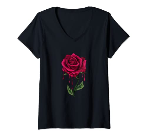 Mujer Sangrando Rosa Roja Grunge Gótico Gótico Estética Camiseta Cuello V