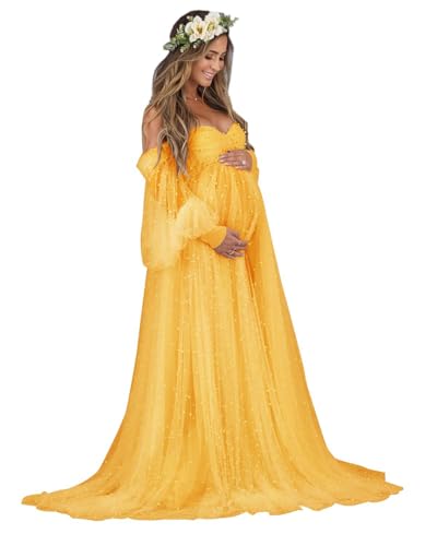Tianzhihe Tulle Maternity Robe for Photoshoot Long Puffy Sleeves Pearl