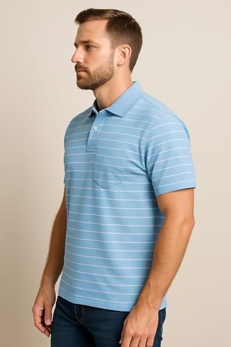 Image of WILD ELEPHANT Men Striped Polo T-Shirt | Cotton Short Sleeve Polo Neck with Button | Chest Pocket Casual Wear