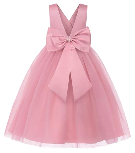 JerrisApparel Girls' Tulle Flower Girl Dress Sleeveless Princess Party Gown for Kids with Pearl Waist Large Bow