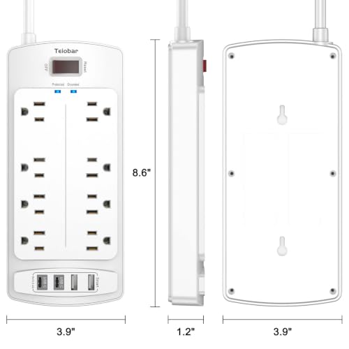 Image of Surge Protector Power Strip - Teiobar Flat Plug Extension Cord with 8 Outlets and 4 USB Ports, 10 Feet Power Cord, 2700 Joules, ETL Listed, White