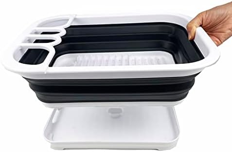 SAMMART Collapsible Dish Drainer with Drainer Board - Foldable Drying Rack Set - Portable Dinnerware Organizer - Space Saving Kitchen Storage Tray (White/Charcoal Black)