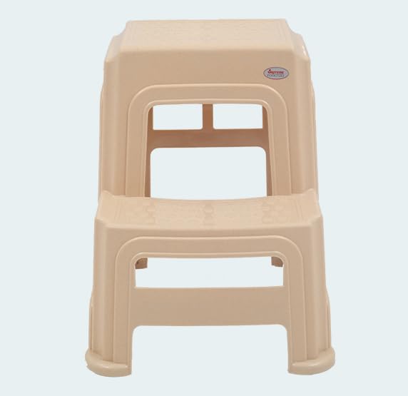 Supreme Multipurpose 2 Step Heavy Duty Plastic Stool | Anti Skid Double Step Ladder, Lightweight | Utility Stool for Home, Kitchen, Bathroom, Garden Use, Durable Support for Adults and Kids (Beige)